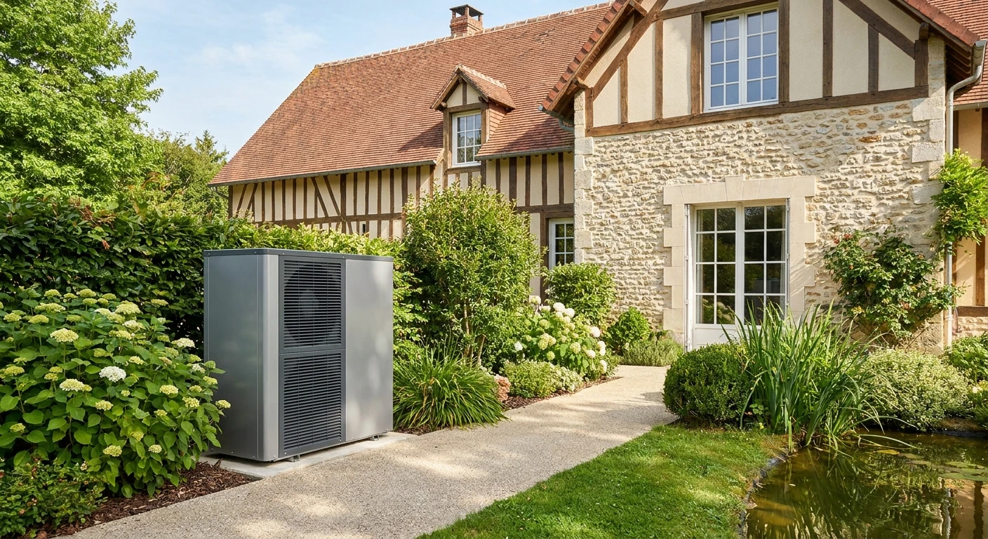 Technicien HVAC tenant un manifold de mesure de pression avec manomètres haute et basse pression, jaunes et rouges, devant une unité de climatisation extérieure résidentielle