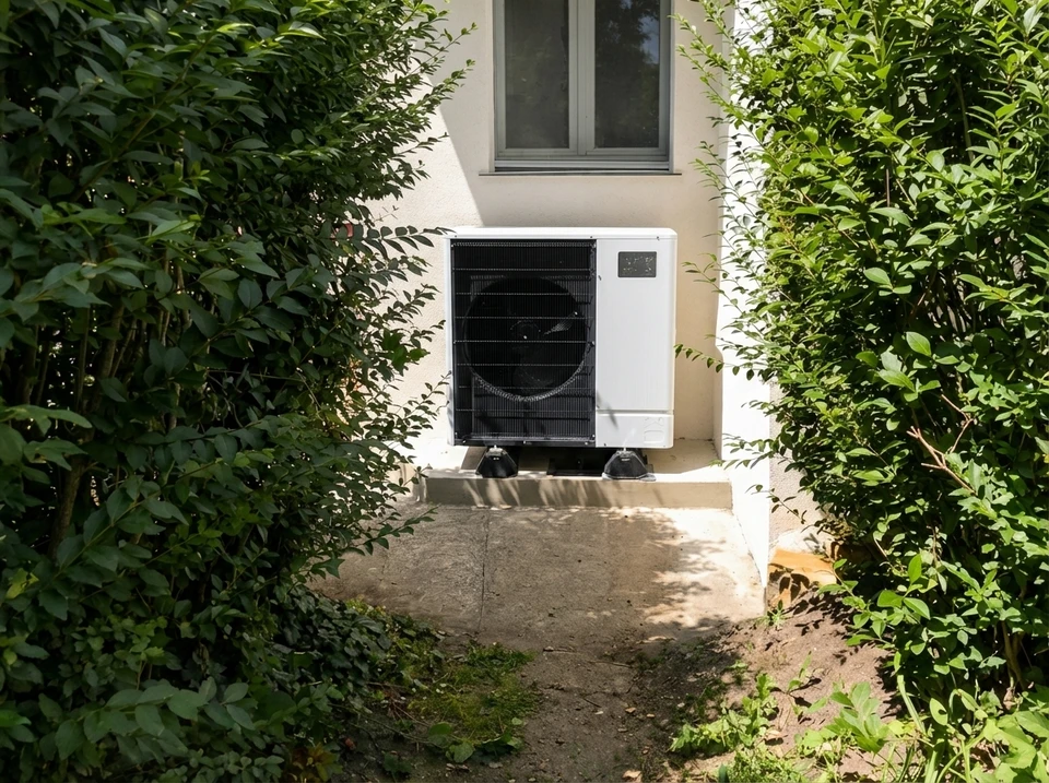 Photographie réaliste d'une pompe à chaleur air-eau installée à l'extérieur d'une maison résidentielle moderne, montrant clairement l'unité extérieure en fonctionnement avec ses caractéristiques techniques visibles, dans un jardin ou contre une façade de maison, captée en lumière naturelle de jour, mettant en avant la modernité et la fiabilité de l'équipement.